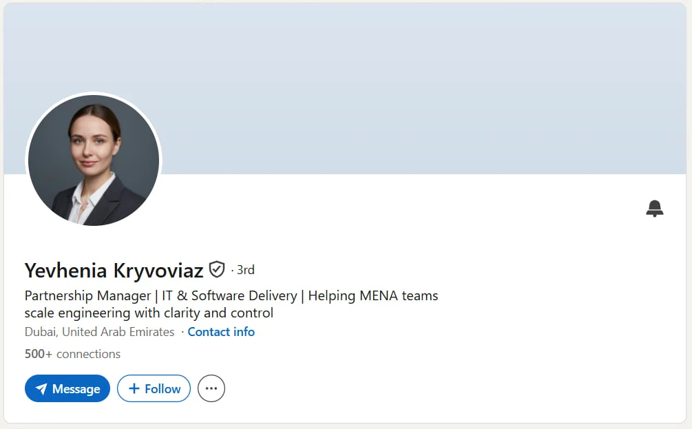 LinkedIn profile header of a verified ready profile in Dubai, United Arab Emirates