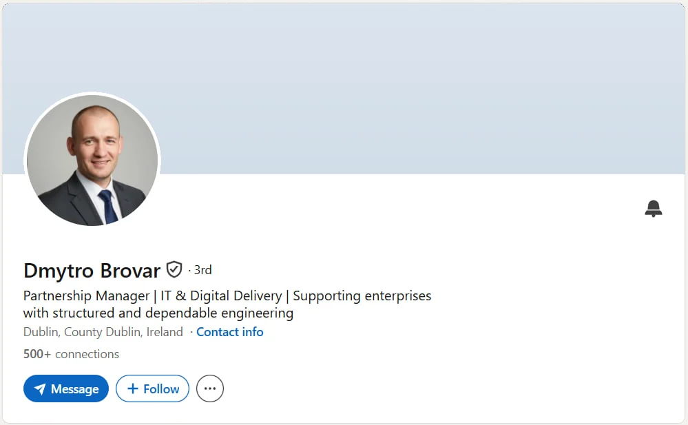 LinkedIn profile header of a verified ready profile in Dublin, Ireland